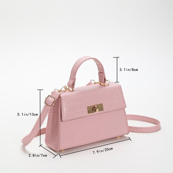 Pink Elegant Women's Mini Crocodile Embossed Twist Lock Flap Square Handbag - Picture 6 of 8